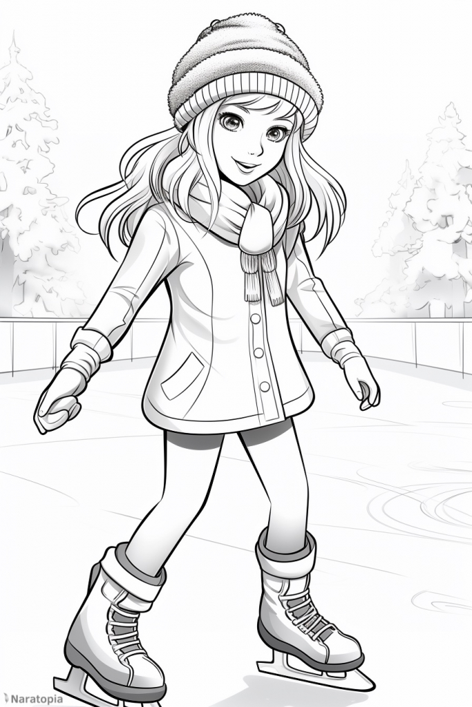 Coloring page of a girl ice skating.