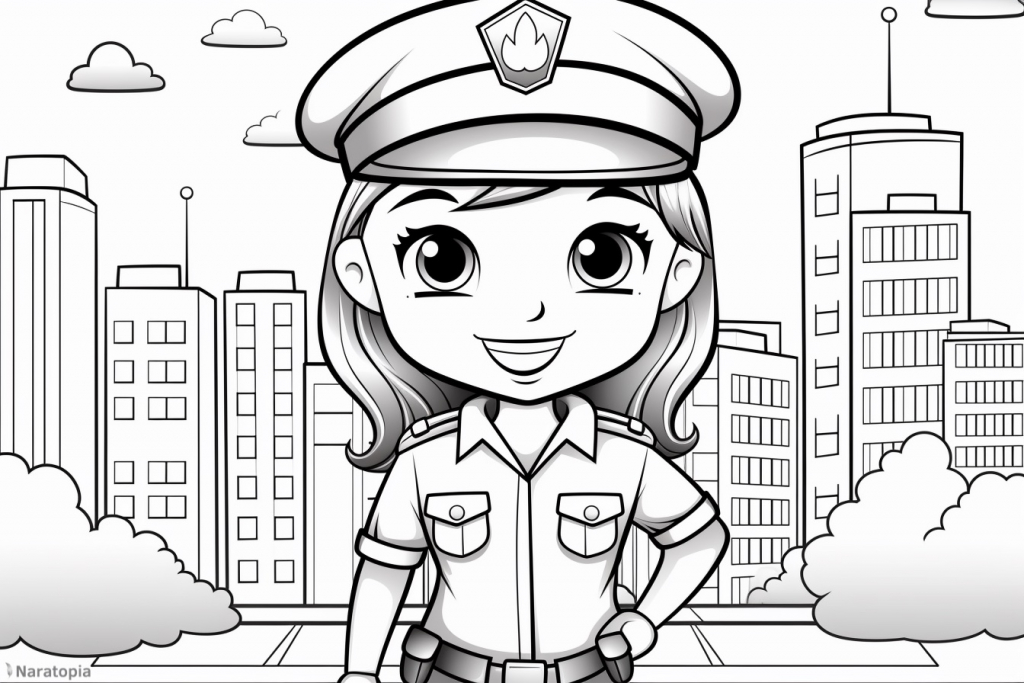 Coloring page of a girl police officer.