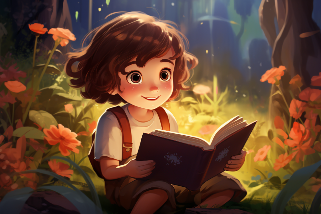 Cartoon girl reading a book in a garden.