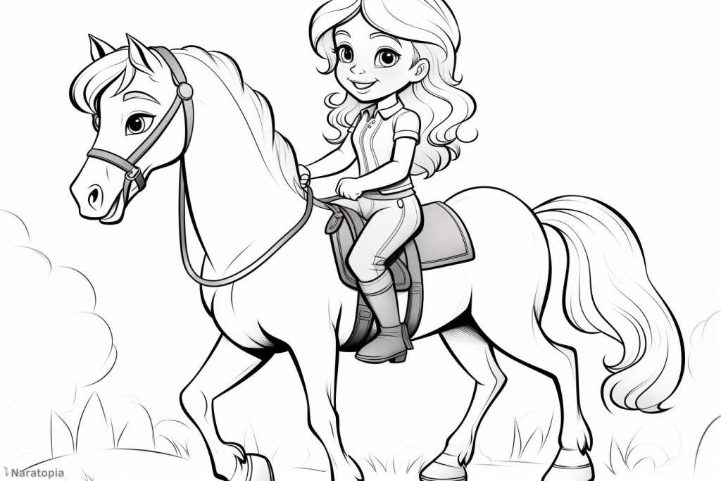 Coloring page of a girl riding a horse.