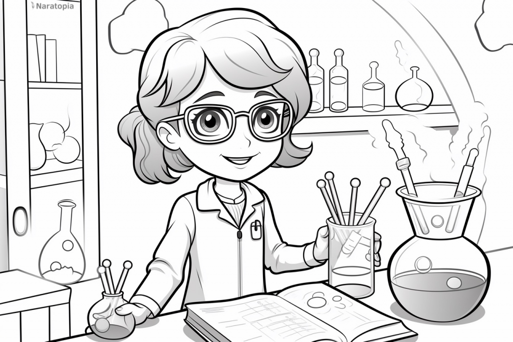 Coloring page of a girl scientist in a lab.