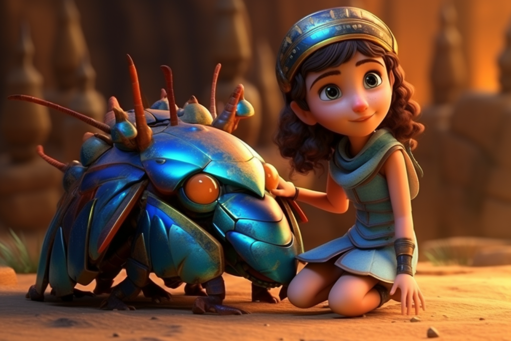 Young beautiful Egyptian princess holding a huge scarab.