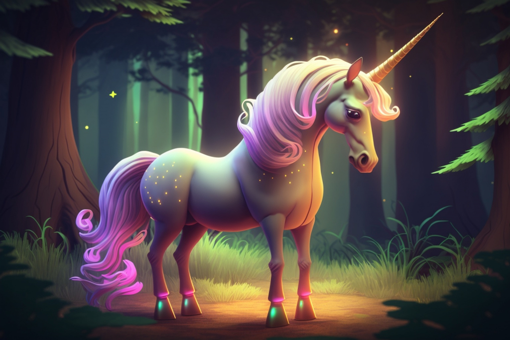Beautiful glowing unicorn in a forest with pink mane and tail.