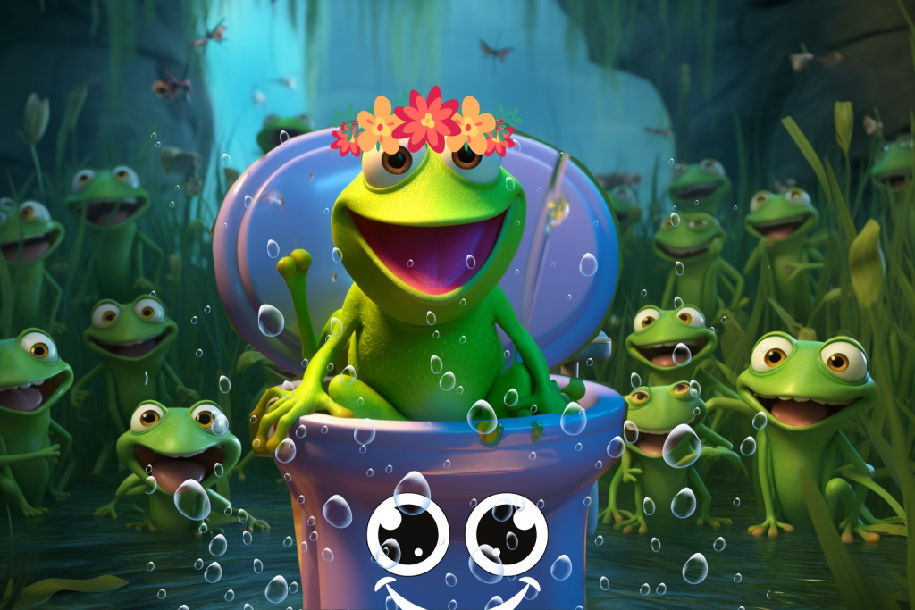 A green cartoon frog with a flowers on her head sitting on a blue potty in a pond.