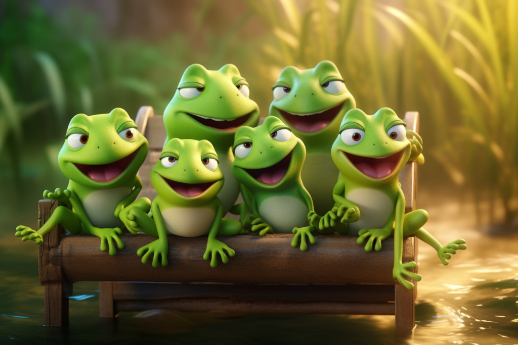 Many green frogs sitting on a bench in a pond.