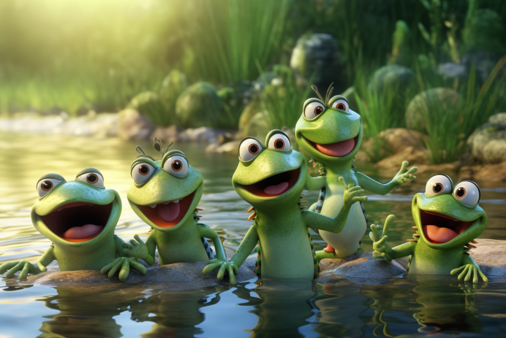 Many green small frogs laughing in a pond.