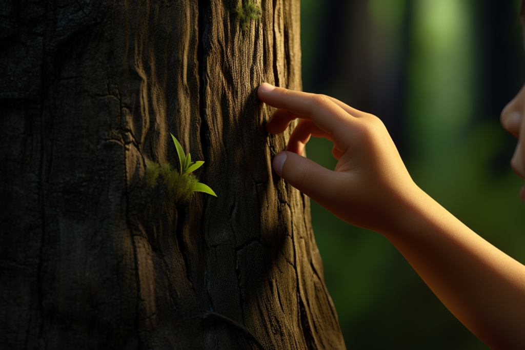 Close-up of a hand approaching a tree trunk from which a small green shoot emerges.