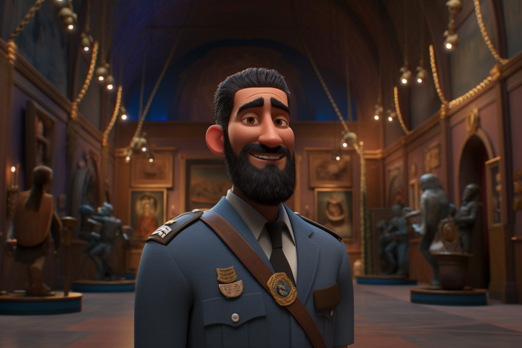 Kind security guard with a black beard patrolling the Egyptian exhibition in a museum at night with a smile.