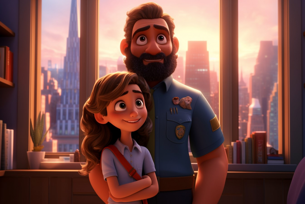Kind security guard with a black beard with his 10-year-old daughter, Jessica, in a flat in New York.