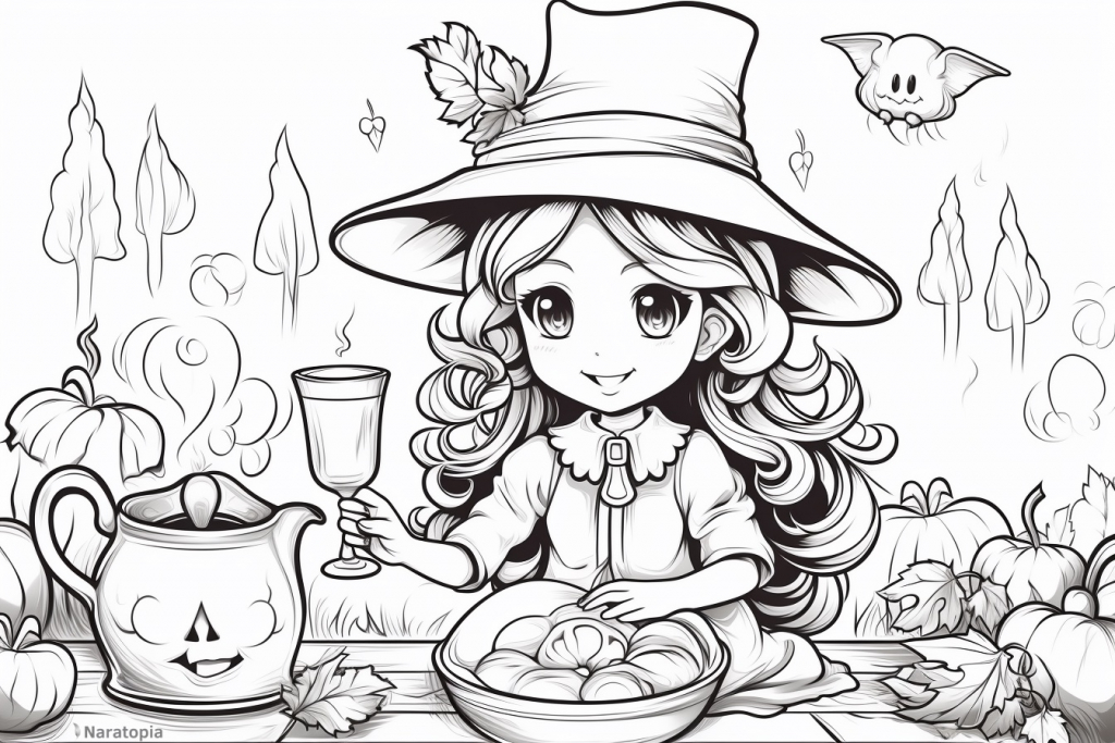 Coloring page of a girl in costume on a Halloween party.
