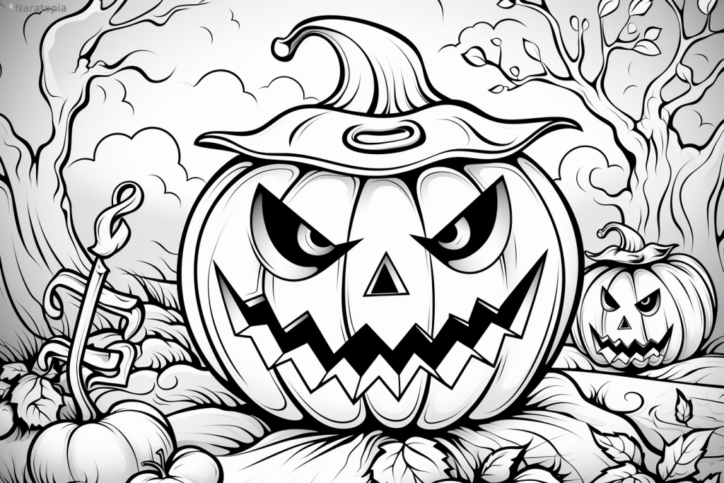 Coloring page of a scary Halloween pumpkin.