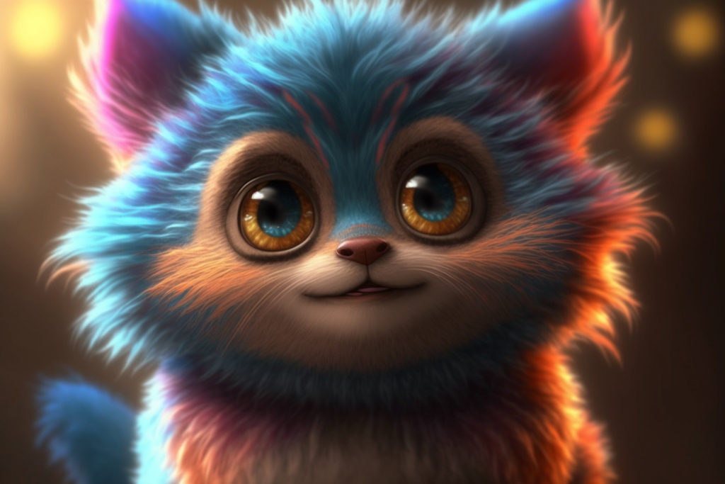 Cute happy fox-like creature with rainbow colores fur called Flicker.