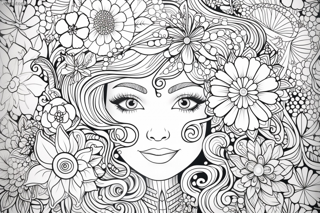Coloring page of a happy girls with many flowers.