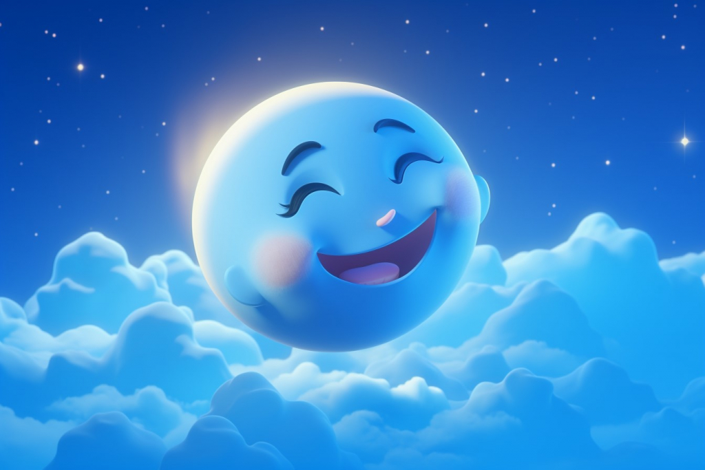 Cartoon moon in the clouds with happy smile and eyes.