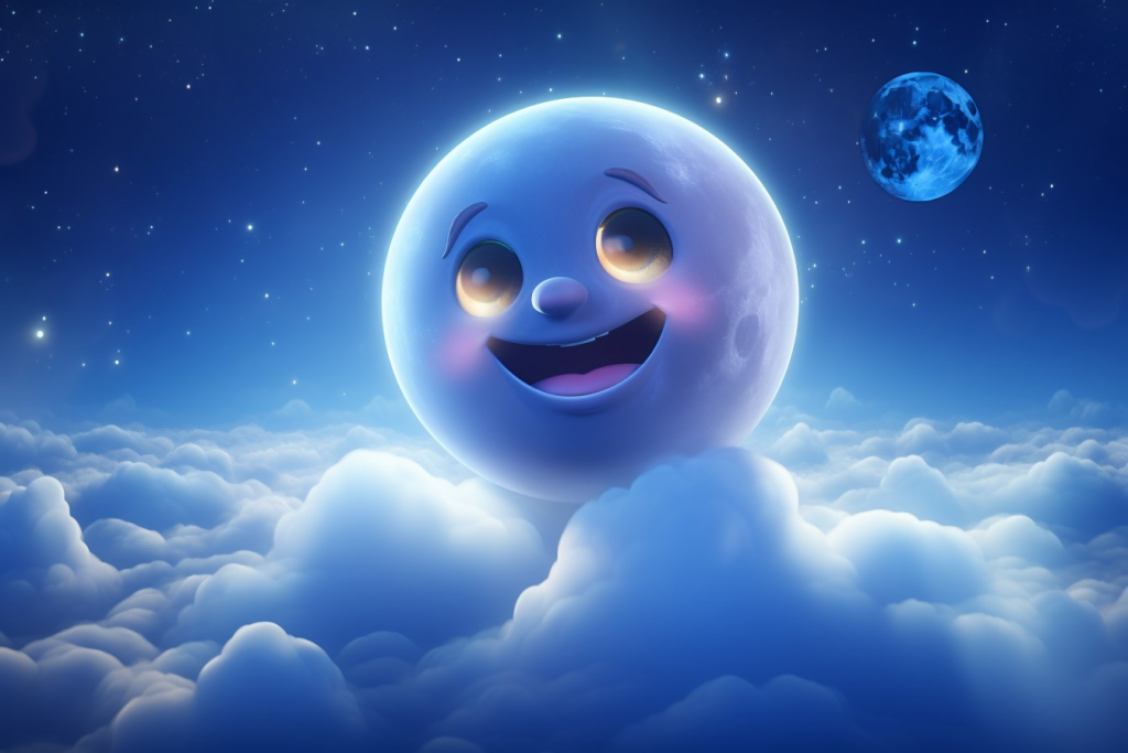Happy moon in a space with pink cheeks and smile.
