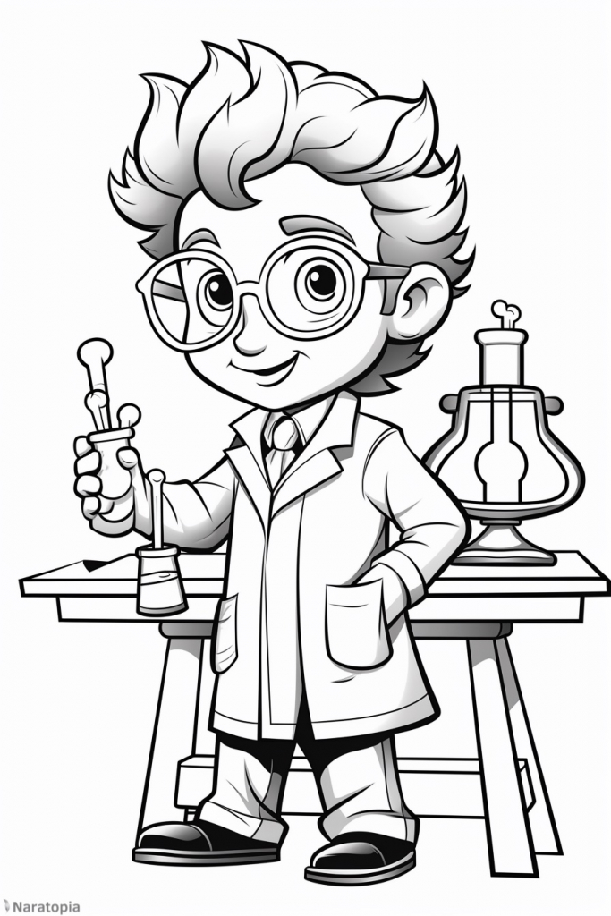 Coloring page of a happy scientist boy.