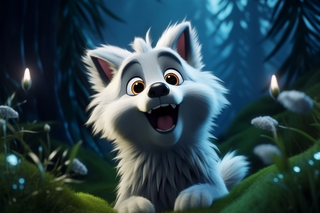 Young white wolf with happy smile in a forest.