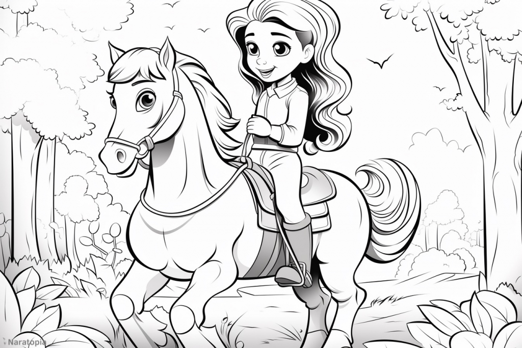 Coloring page of a girl riding a horse.