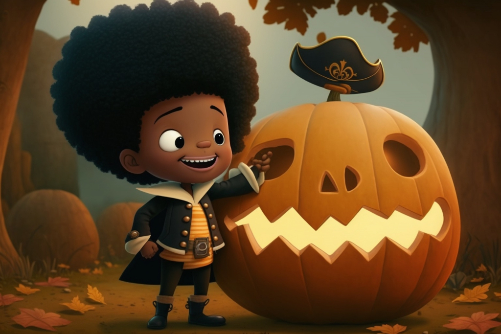 Young boy Jack in a pirate costume defending a talking Halloween pumpkin.