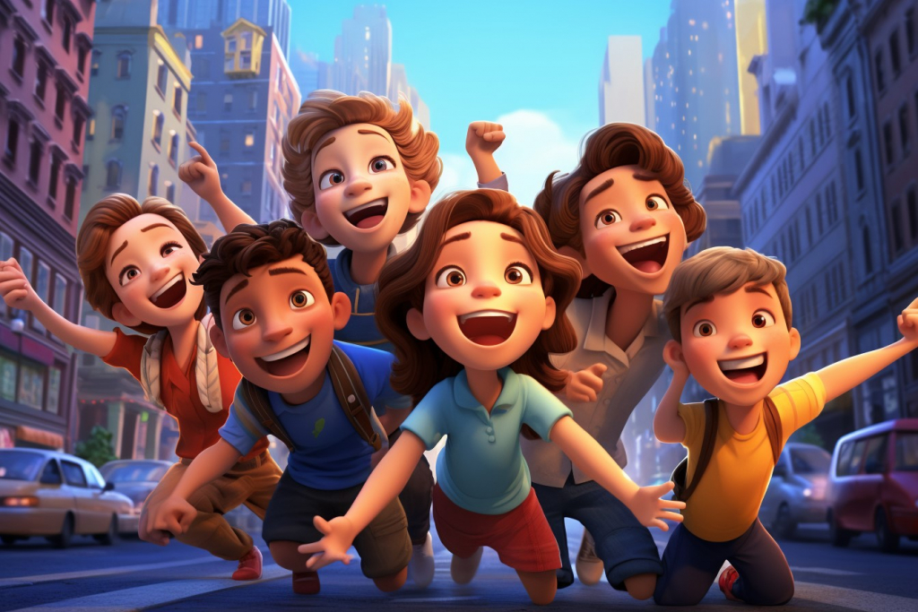 Six cartoon children laughing and smiling on a street in New York.