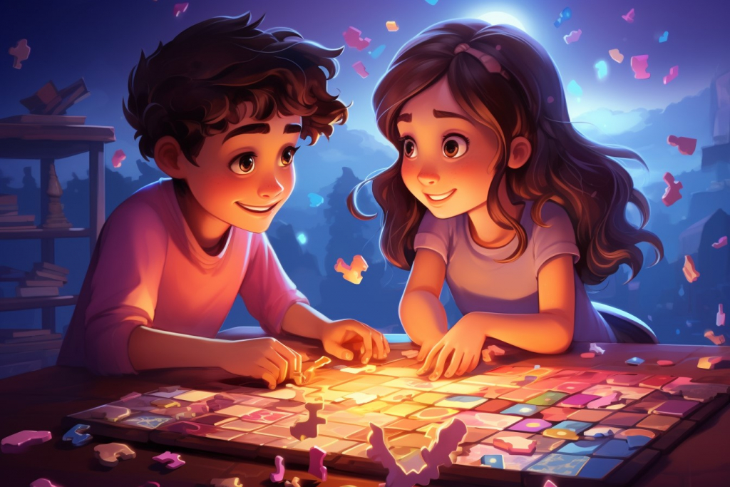Cartoon boy and girl playing puzzle on a table.