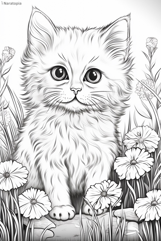 Coloring page of a cat in a garden.