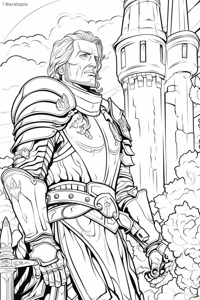 Coloring page of a knight in front of a castle.