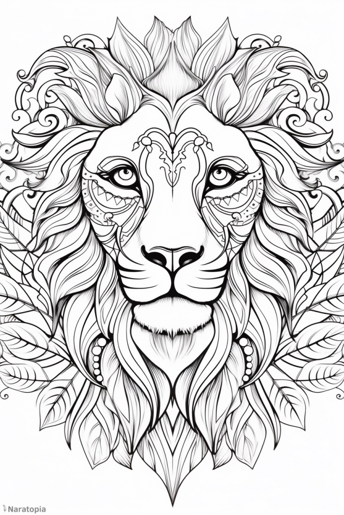 Coloring page of a lion with ornaments.