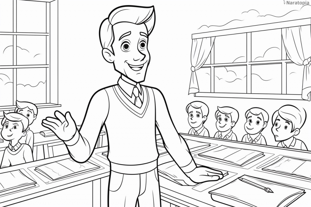 Coloring page of a male teacher in a classroom.