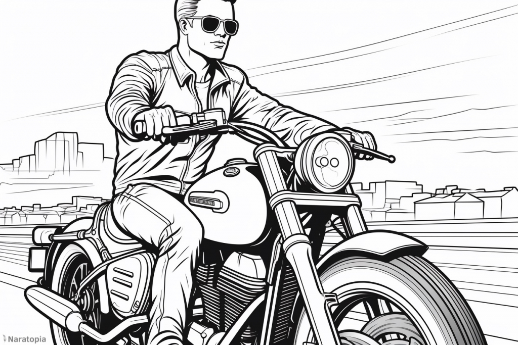 Coloring page of a man on a motorbike.