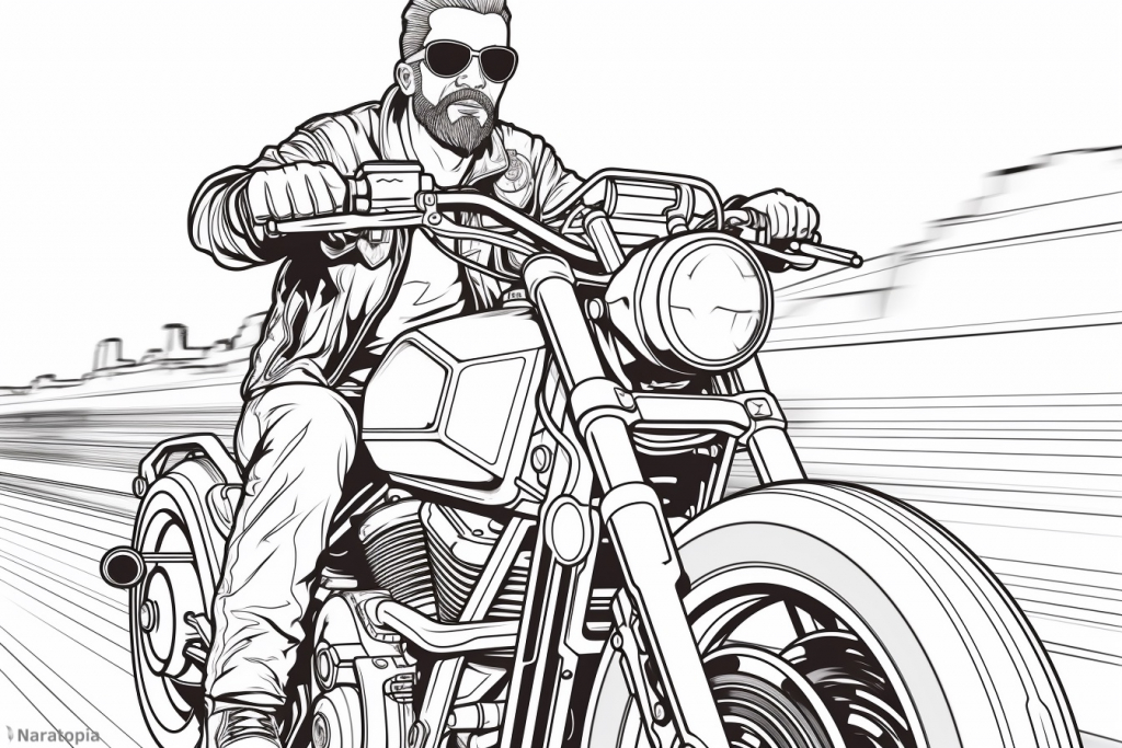 Coloring page of a man on a motorbike.