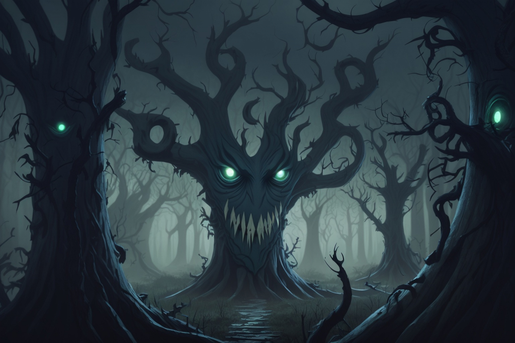 Scary menacing trees in a dark gloomy forest.