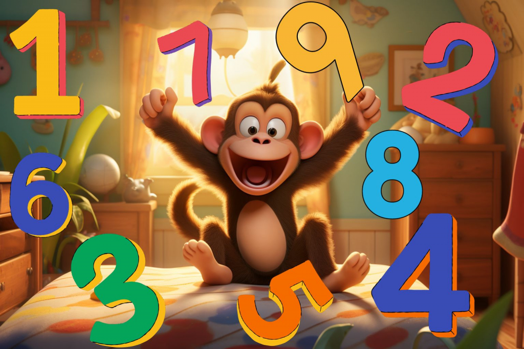 Cartoon monkey on a bed with numbers from 1 to 10.
