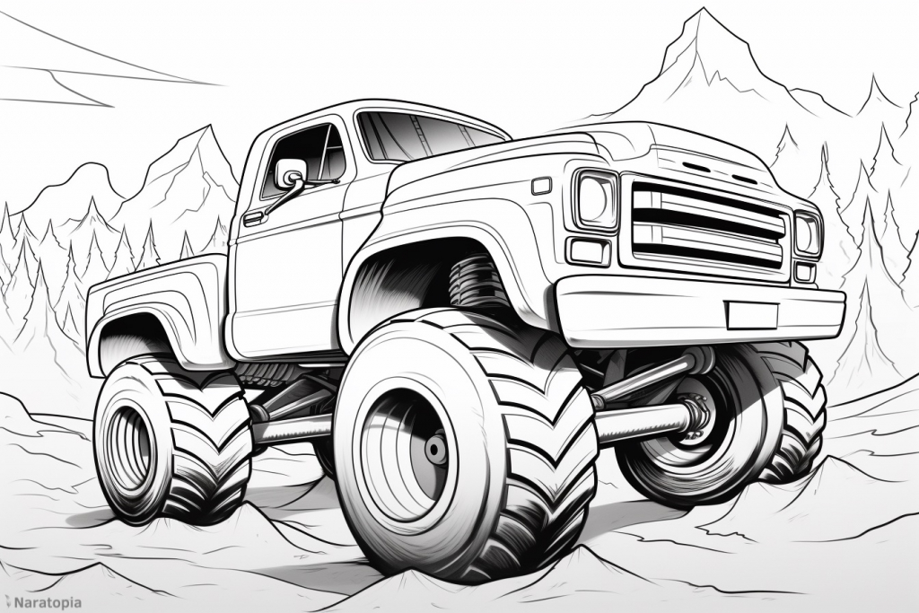 Coloring page of a monster truck.