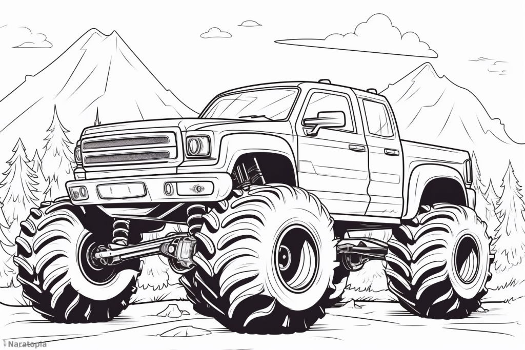 Coloring page of a monster truck.