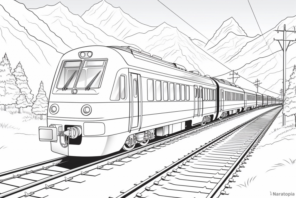 Coloring page of a train in mountains.