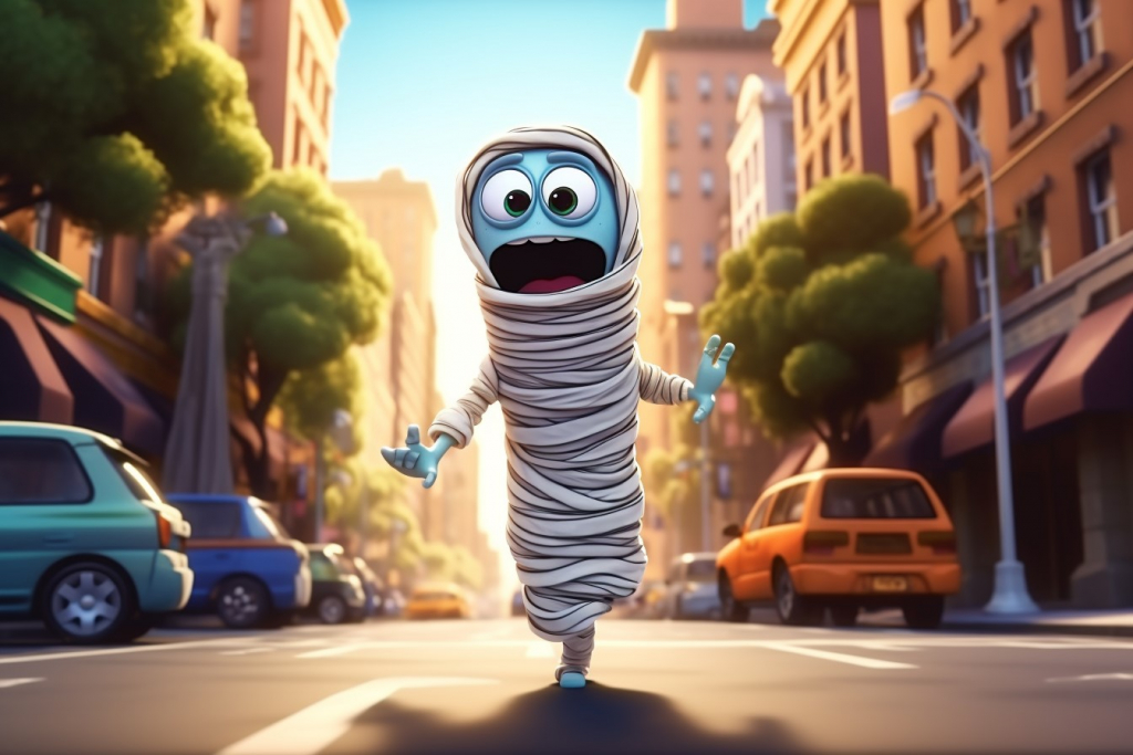 Cartoon cute mummy in New York jumping in front of a car on the street.