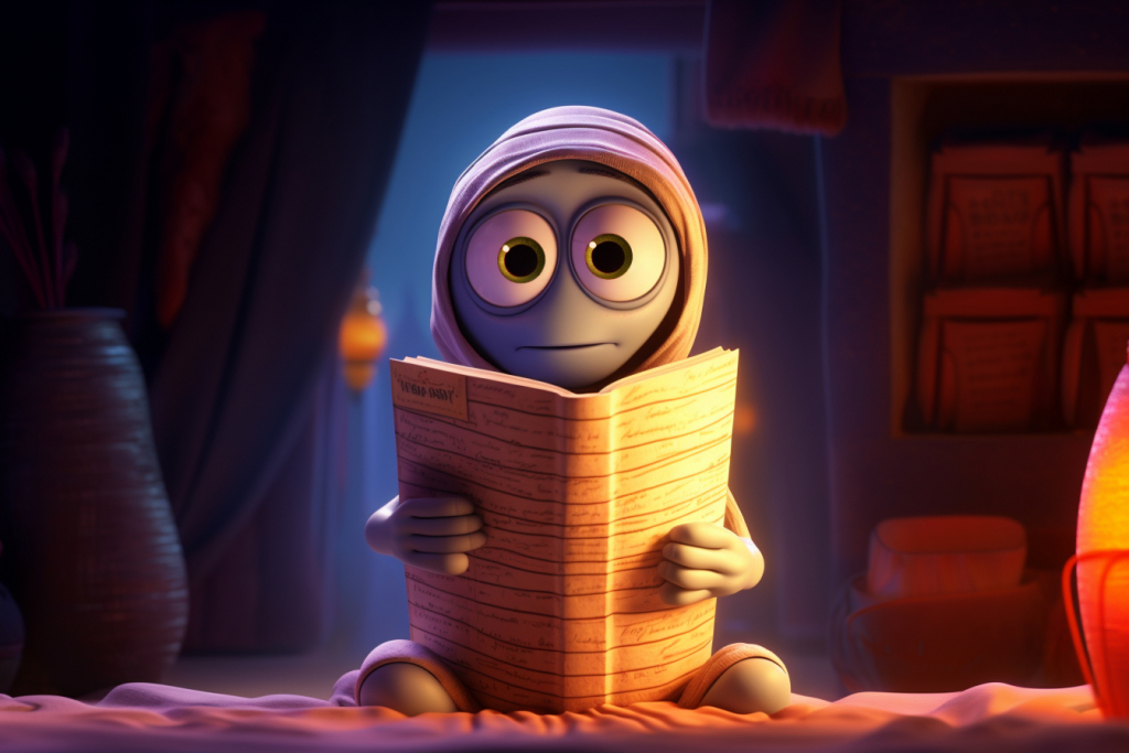 Cute small mummy with green eyes reading a book in a cosy room.