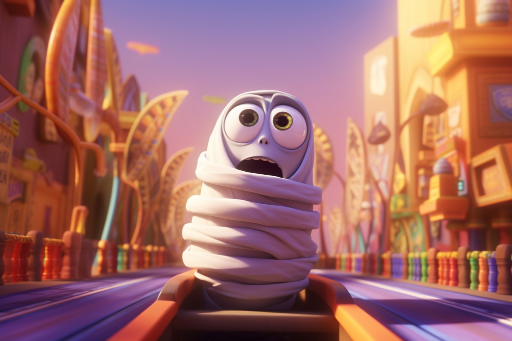 Cute cartoon mummy with bandages on a roller coaster track and scared.