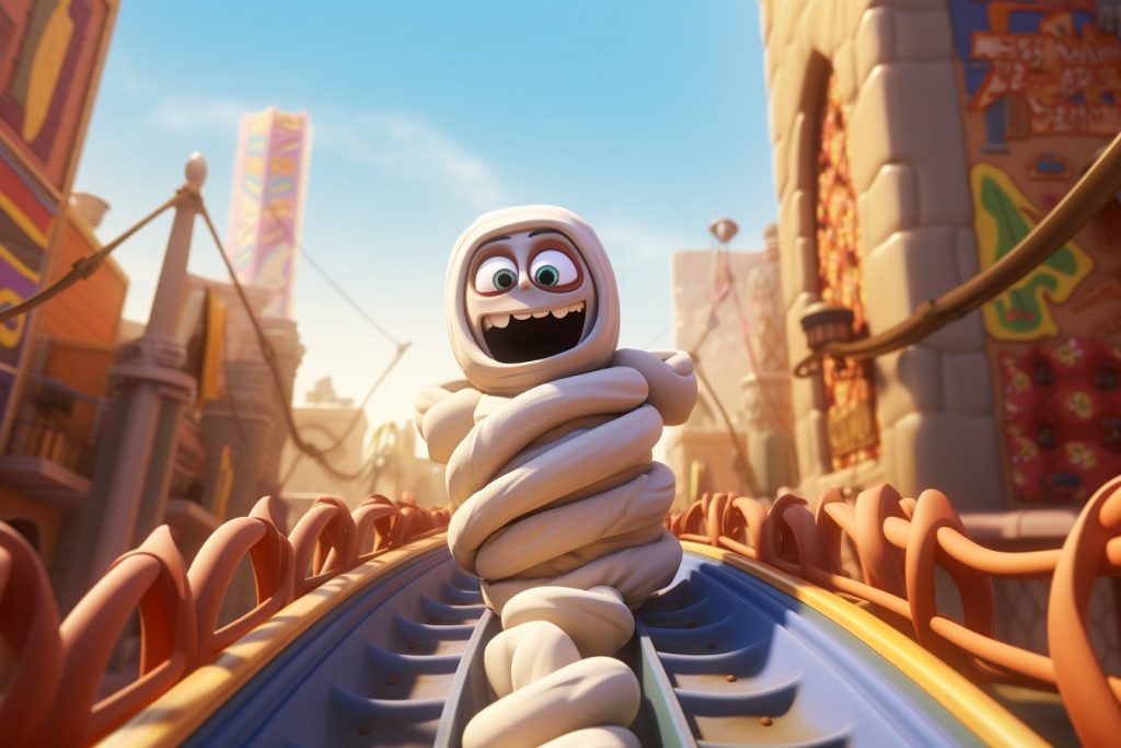 Cute cartoon mummy tangled in its bandages on a roller coaster track and stuck there.