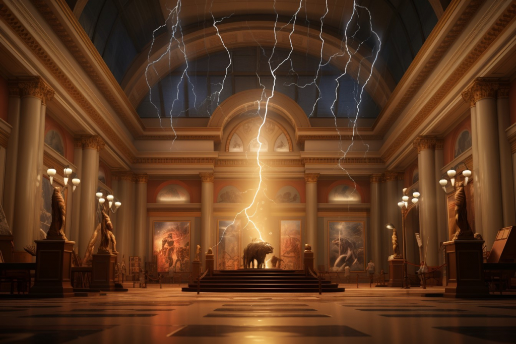 Cartoon llustration of a lightning strike hitting a sarcophagus inside a museum.
