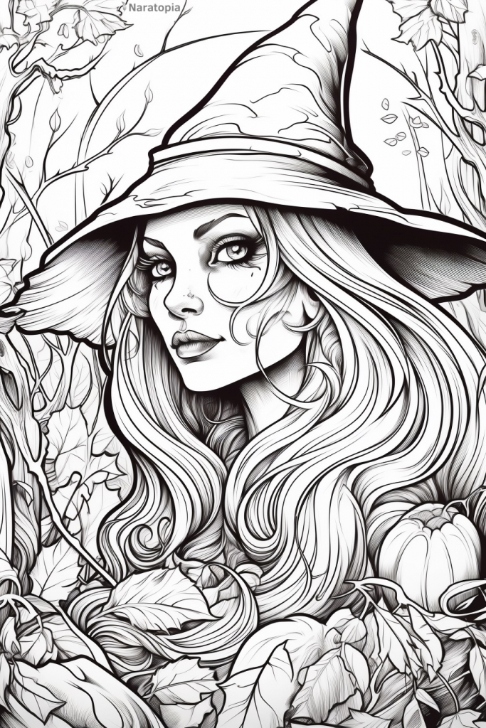 Coloring page of a mysterious and beautiful witch.
