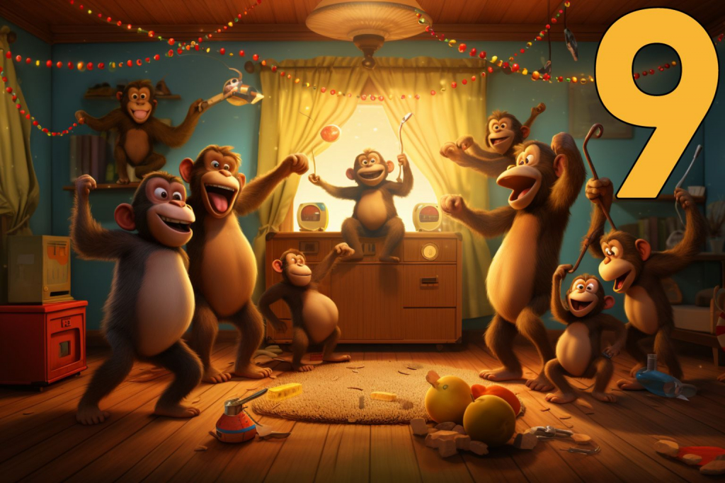 Nine cartoon monkeys dancing in a room.