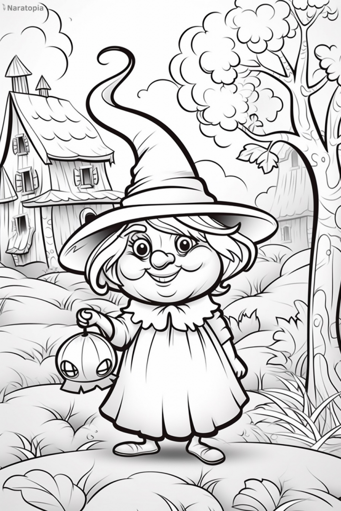 Coloring page of a cute cartoon old witch.