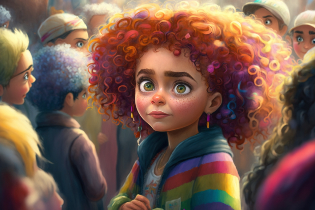 Older Emelia with curly rainbow colored hair in a crowd.