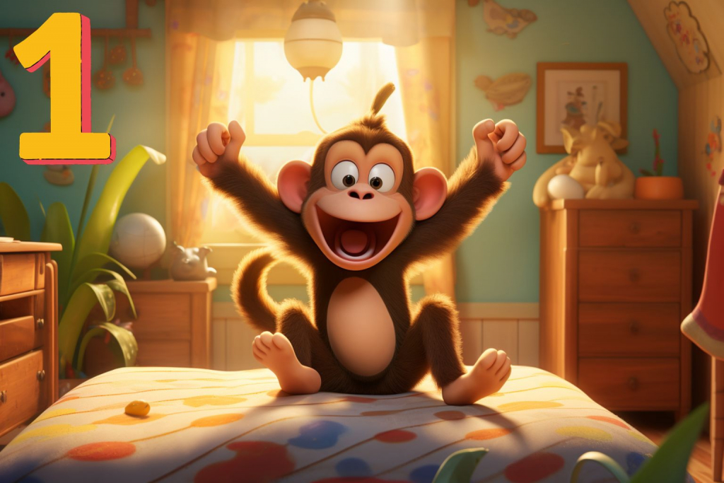 Cartoon of a joyful brown monkey sitting on a bed in a child's room with its hands up, laughing.