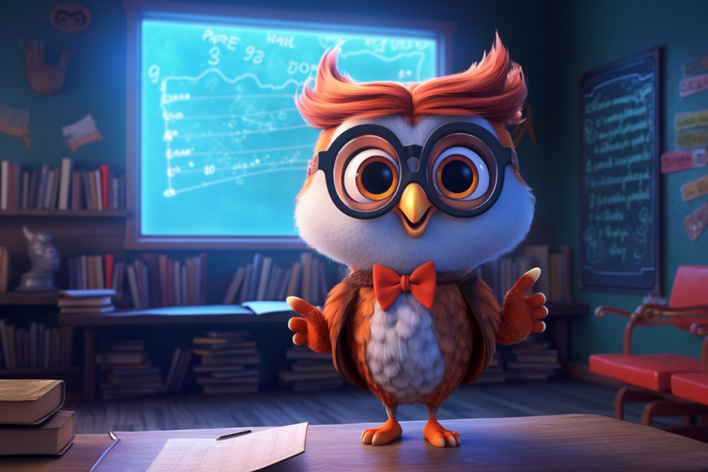 Cartoon owl as a teacher in a classroom in front of blackboard.