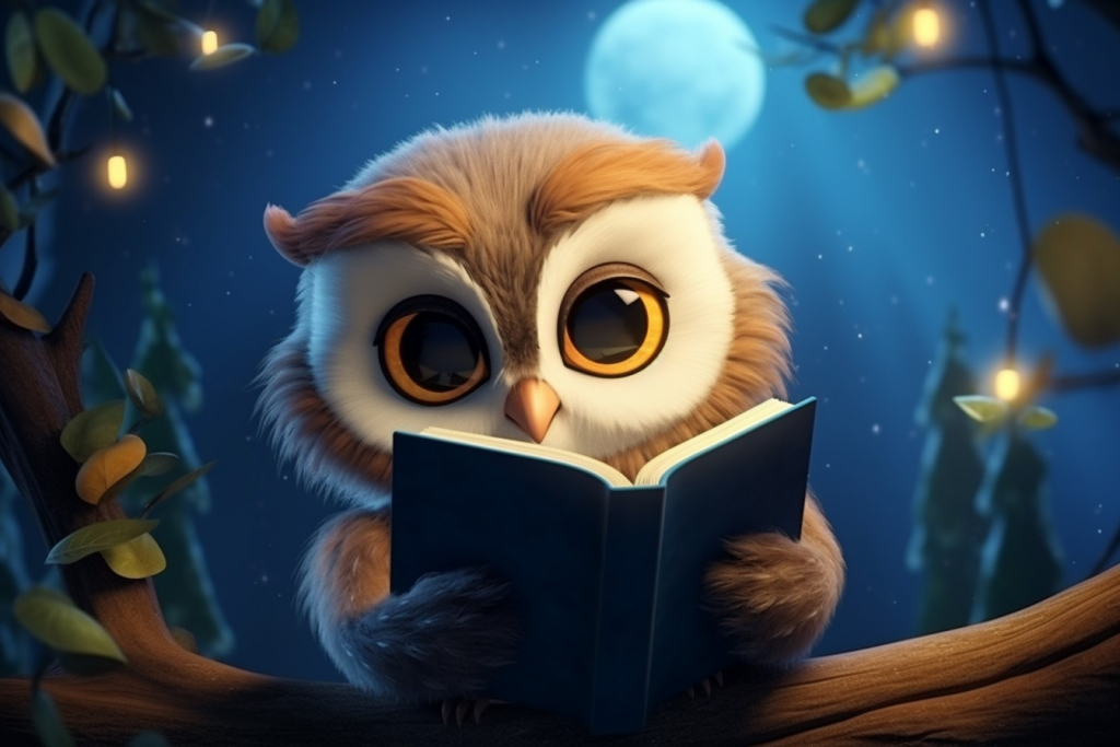 Cartoon cute owl is reading a book on a branch.