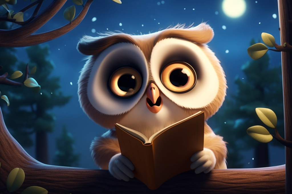 Cartoon cute owl is reading a book on a branch with worried face look.