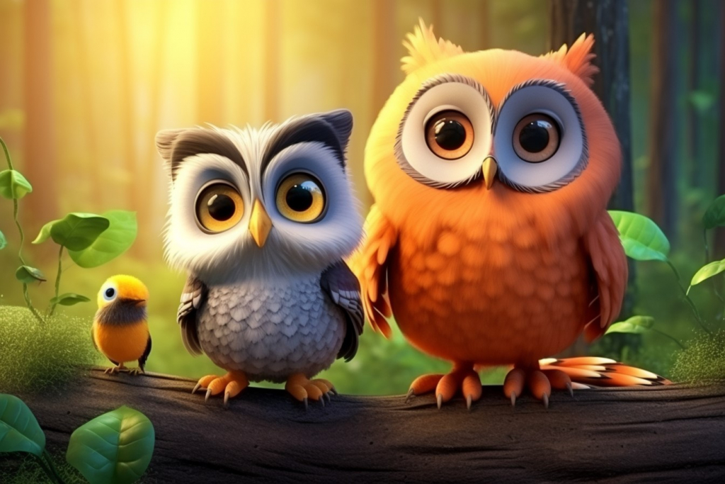 2 cartoon owls in a forest.